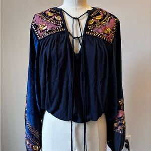 Free People Blue Long Sleeve Embellished Blouse